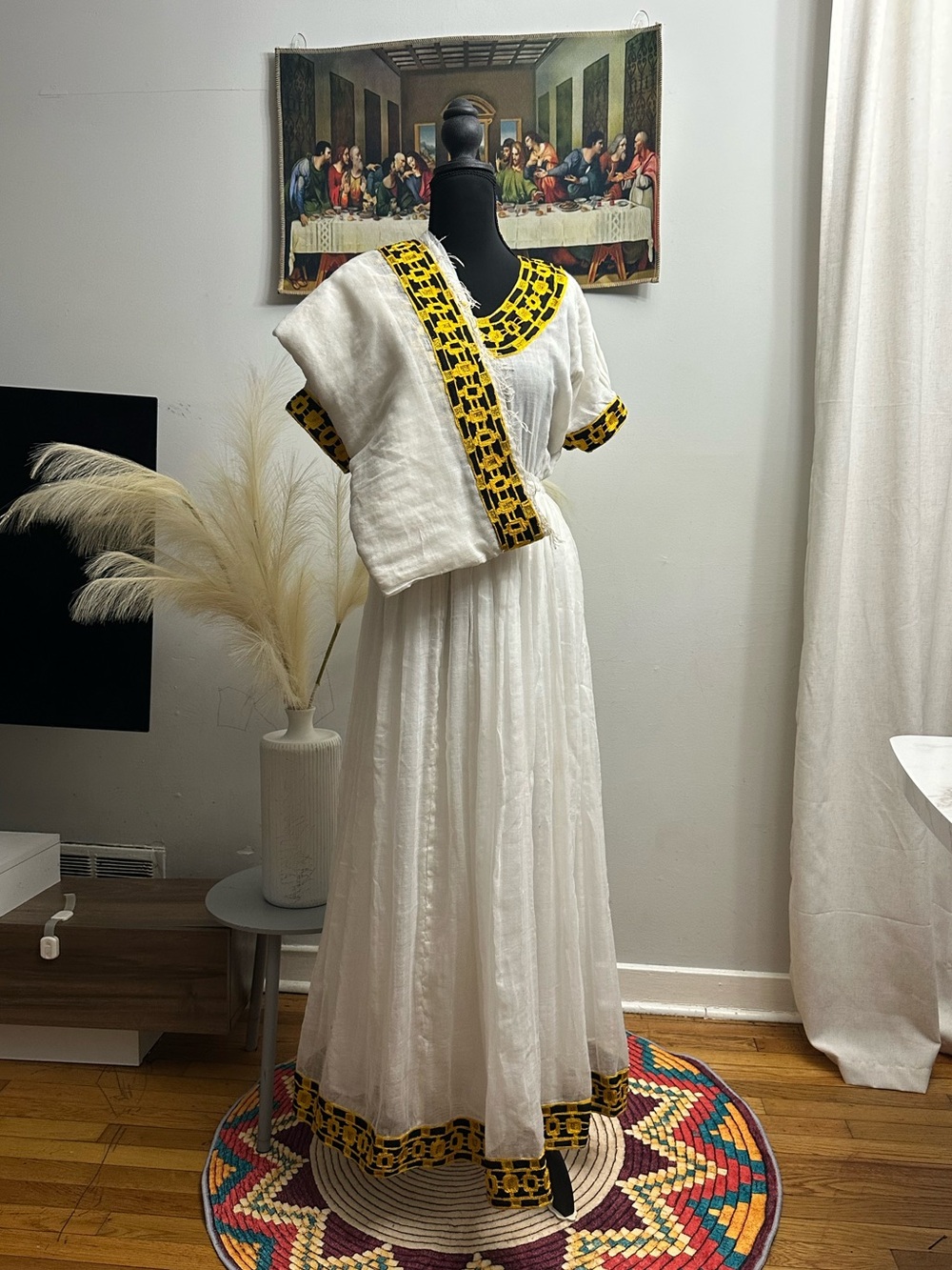 Ethiopian Eritrean Habesha Kemis Dress with Yellow & Black Embroidered Trim